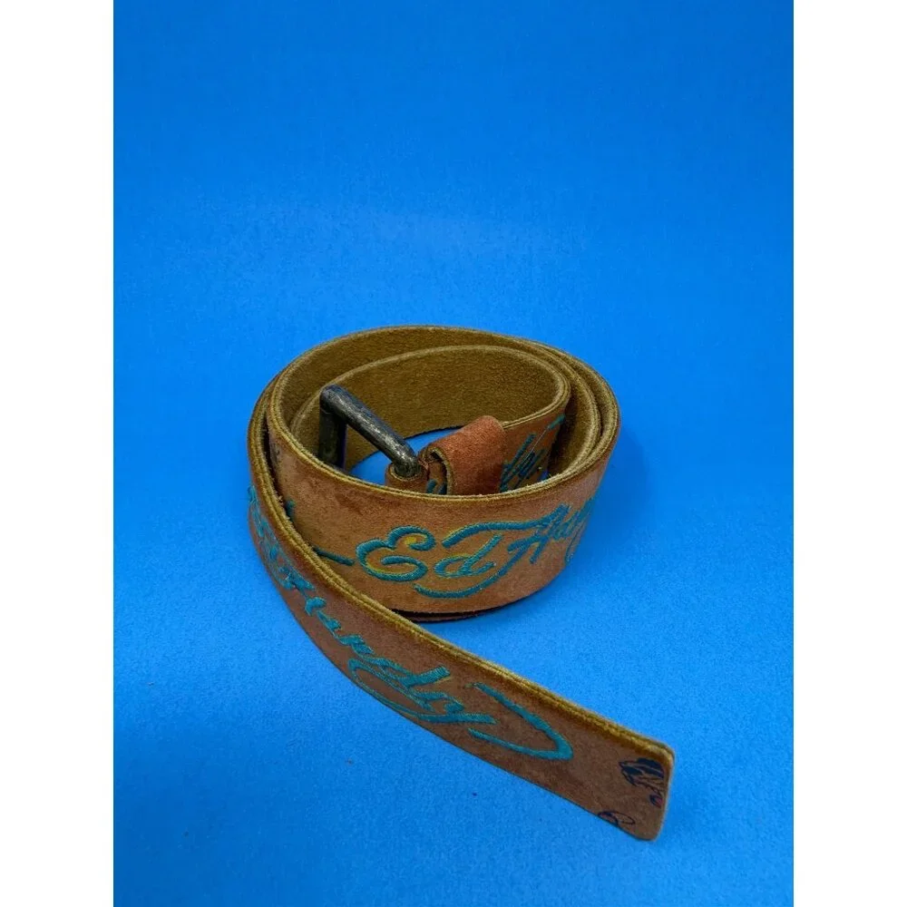 Vtg Ed Hardy Brown Tan Tiger Grafitti Genuine Leather Belt EH0008 Mens L Y2K